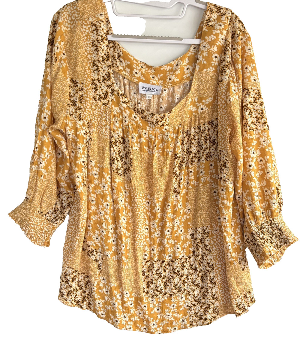 Washco Apparel Blouse Size XL Mustard Yellow Floral